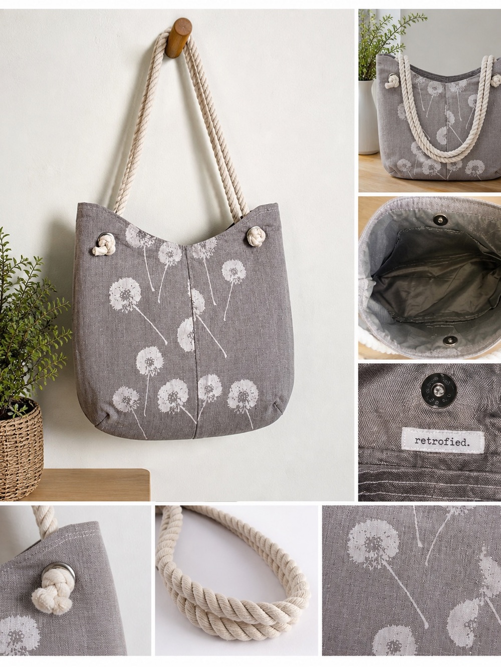 Retrofied Dandelion Print Hobo Tote Bag Boho Linen Rope Handle Cottagecore